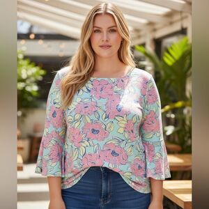 Ruby Rd. Pink and Yellow Floral Blouse